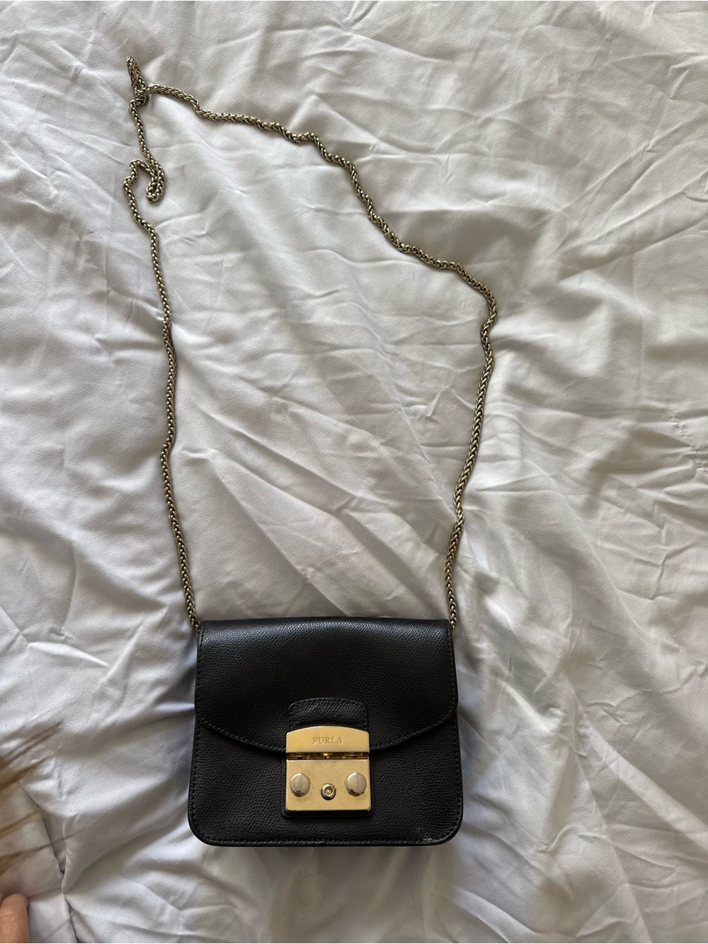Furla Black Leather Crossbody with Gold Chain and Lock